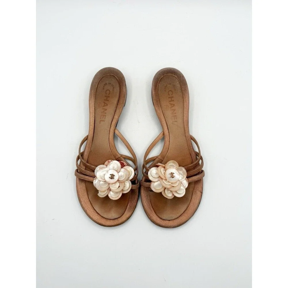 Chanel Peach Pink Sandals w/ CC Logo Shell Button Accents Y2K Sz EU 36